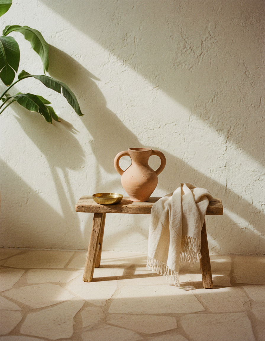 A sunlit limewashed bathroom corner with ceramic vessel and folded linen