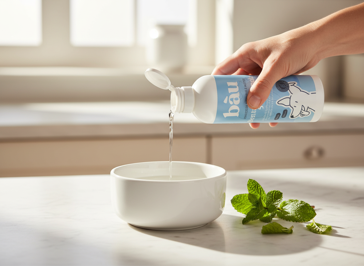 Une main verse Dental Formula 5 en 1 dans la gamelle d'eau du chien, posée sur un plan en marbre