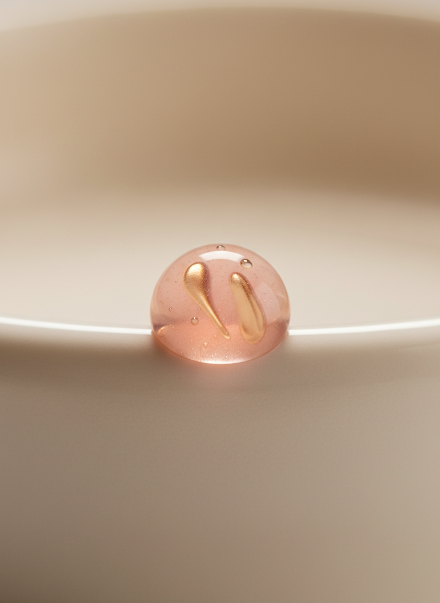A glossy drop of blush-pink serum on ivory ceramic