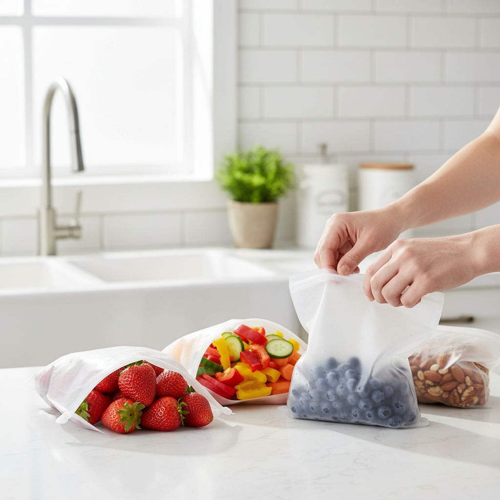 ZipLock™ 3-Piece Silicone Food Storage Bags in use in a home kitchen