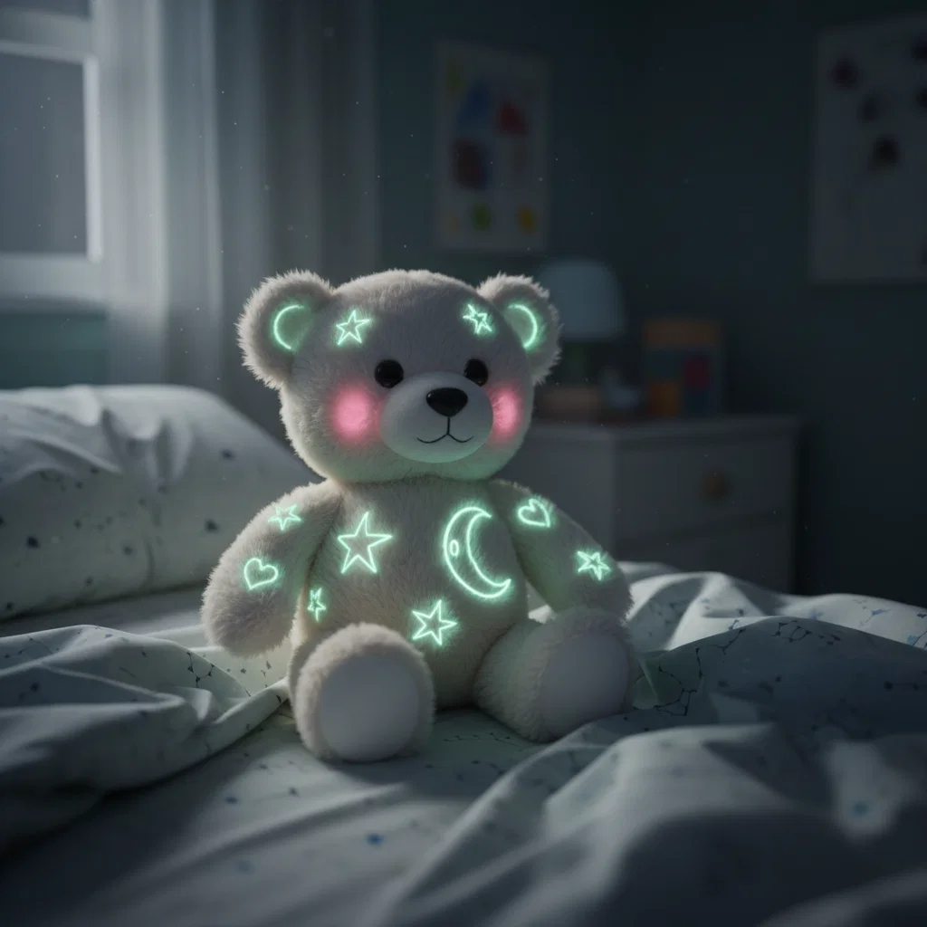 The bear glowing with green doodles on a child’s bed at night