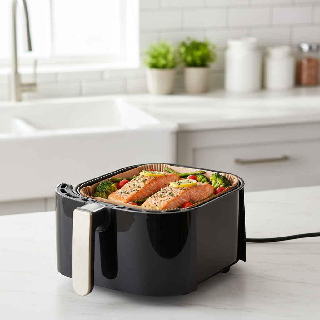 BakeMat™ – Nonstick Air Fryer Paper Liners in use in a home kitchen