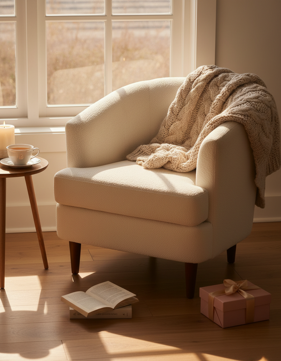 A cream bouclé armchair by a sunlit window with a knit throw, tea, an open book, a candle and a small gift tied with gold ribbon