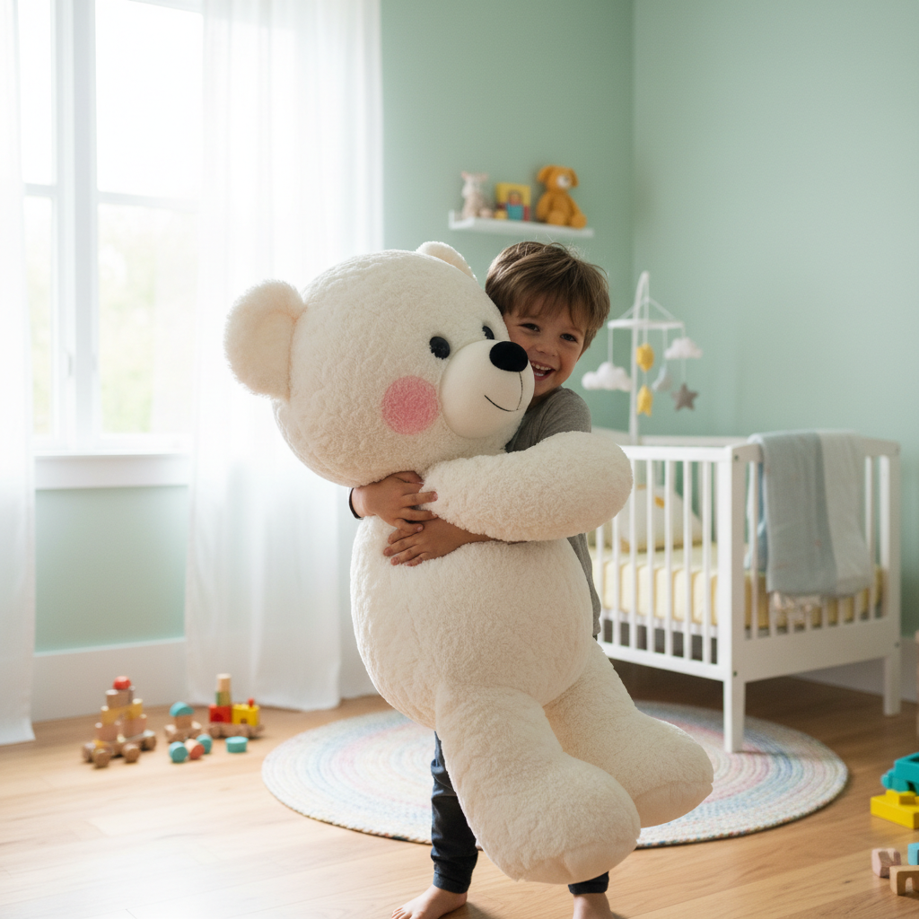 A boy hugging the plush bear in daylight