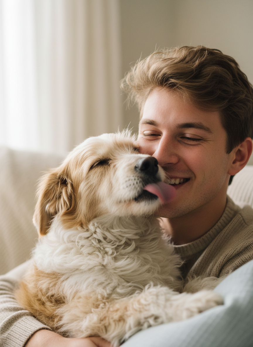 Un jeune homme serre son chien joue contre joue pendant que le chien lui fait un bisou