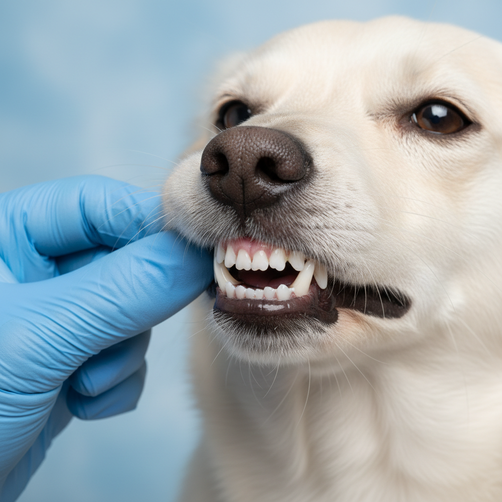 Dopo: denti del cane bianchi e gengive sane