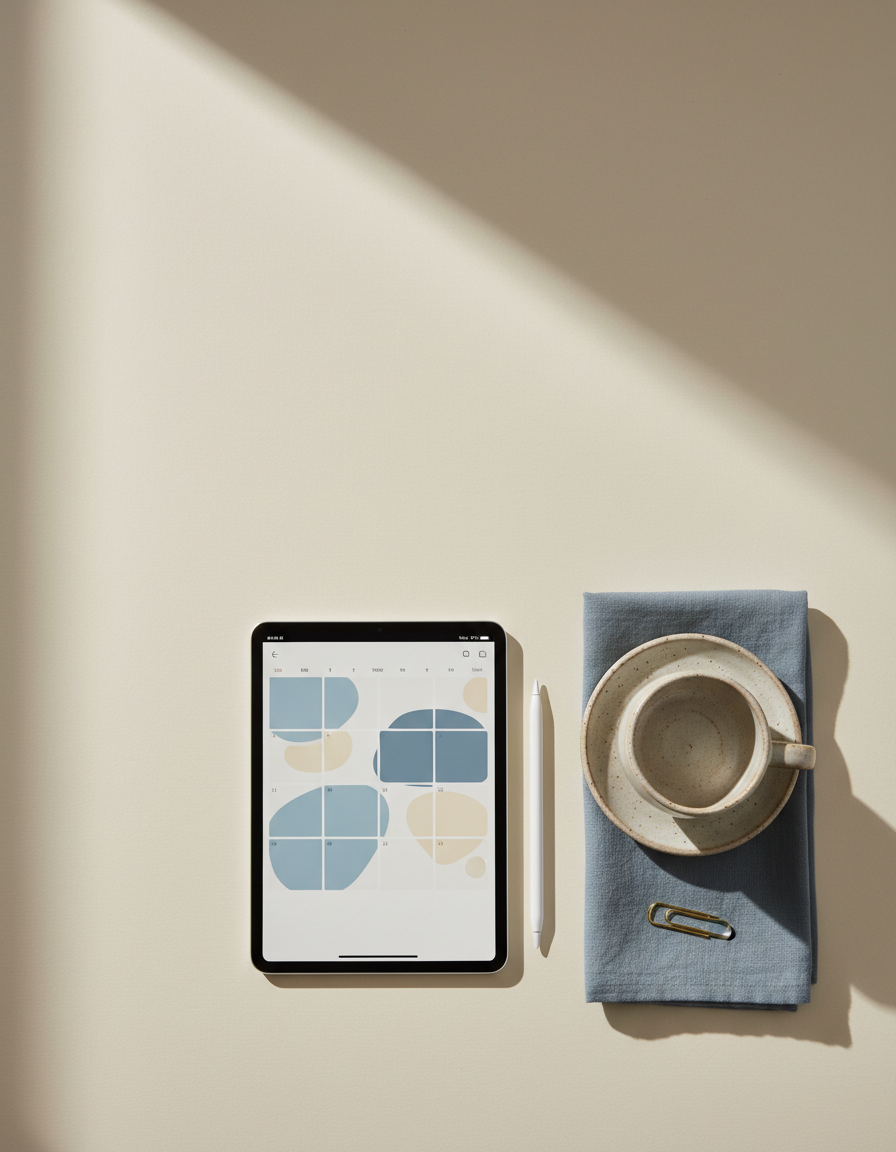 Tablet showing a minimal blue digital planner beside a stylus and a ceramic coffee cup on a pale oak desk
