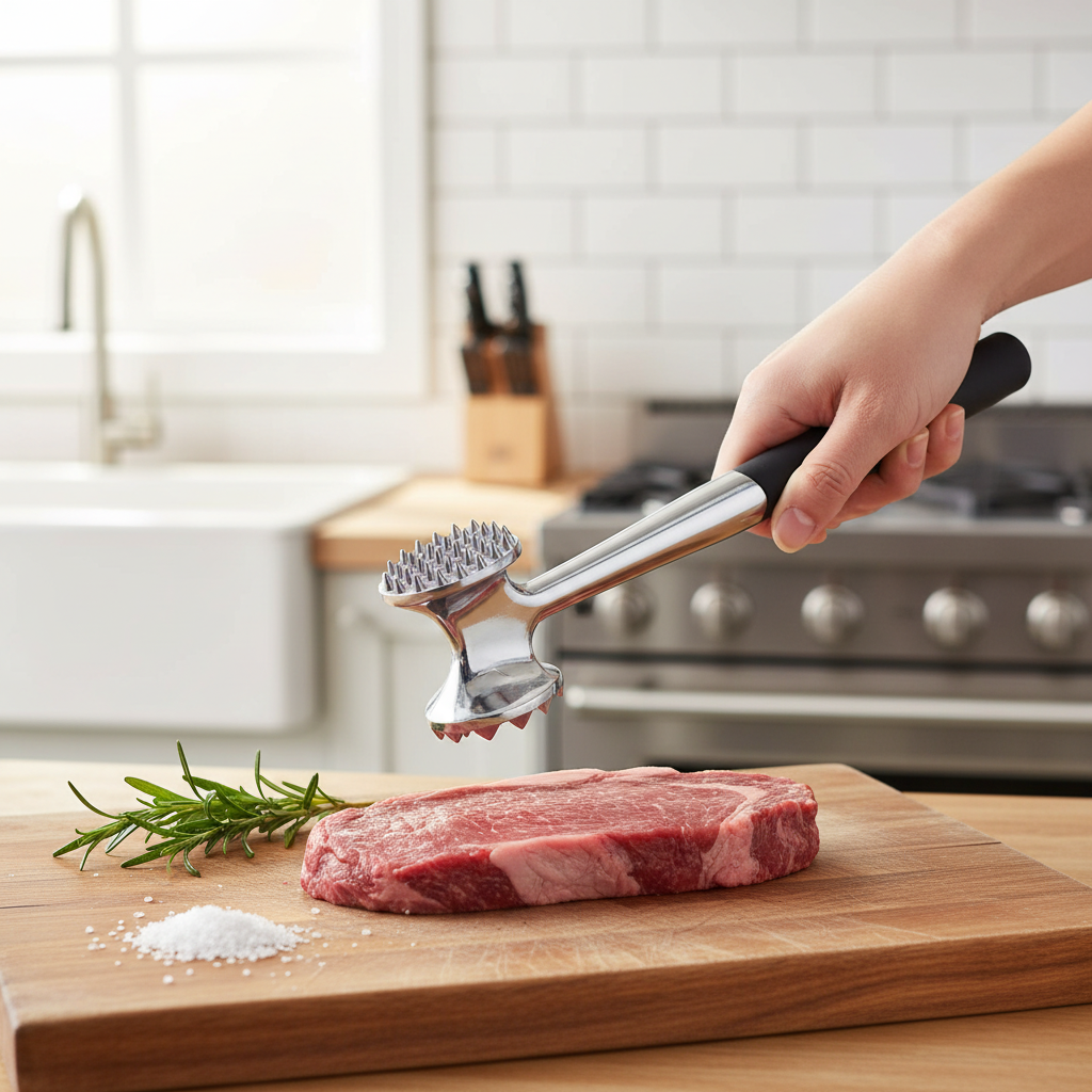 SteakSmith™ – Double-Sided Meat Hammer in use in a home kitchen