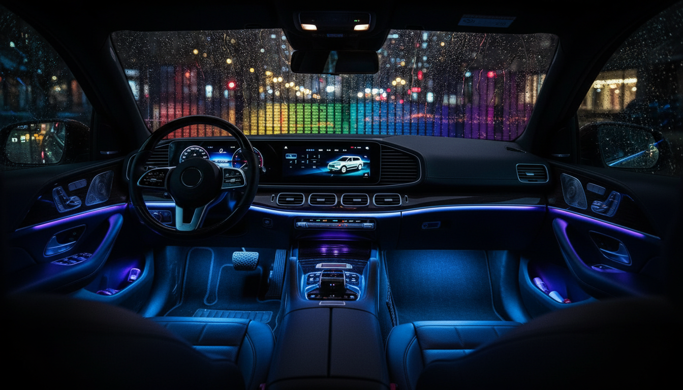 Car interior at night lit with blue and violet ambient LED lighting
