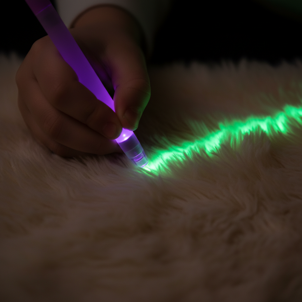 A child tracing a glowing line on the bear’s fur with the purple light pen