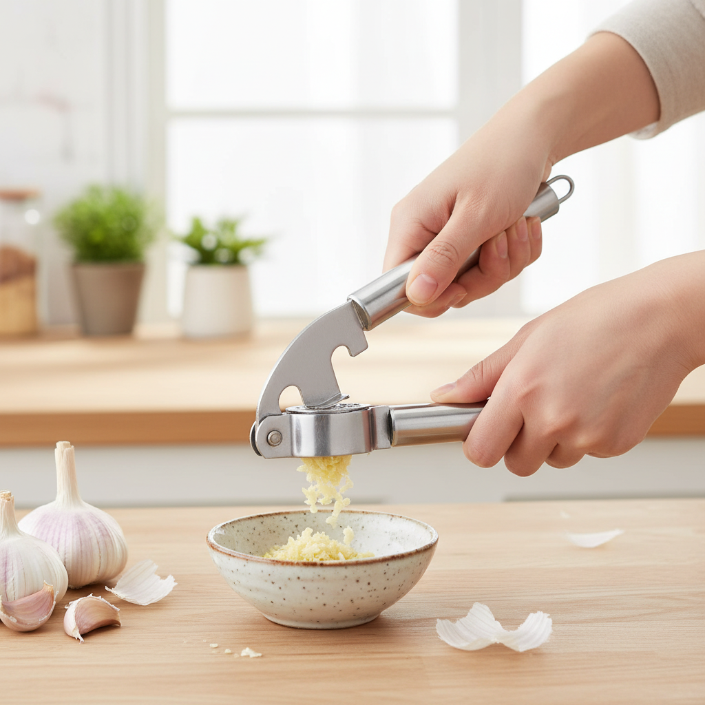 GarliPress™ – Stainless Steel Garlic Press in use in a home kitchen