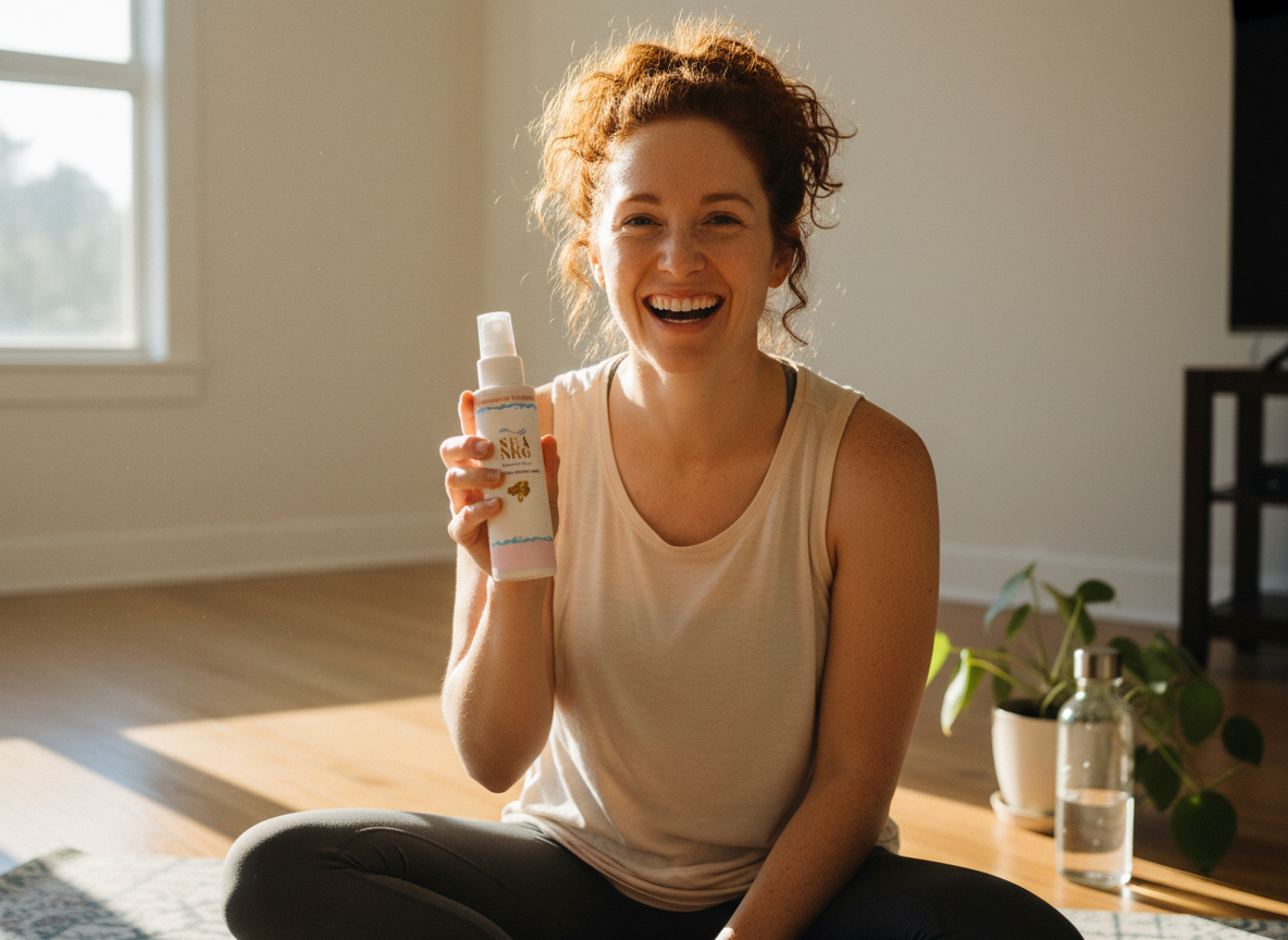 A laughing woman with curly auburn hair on a yoga mat in a sunlit living room, holding SEA NRG