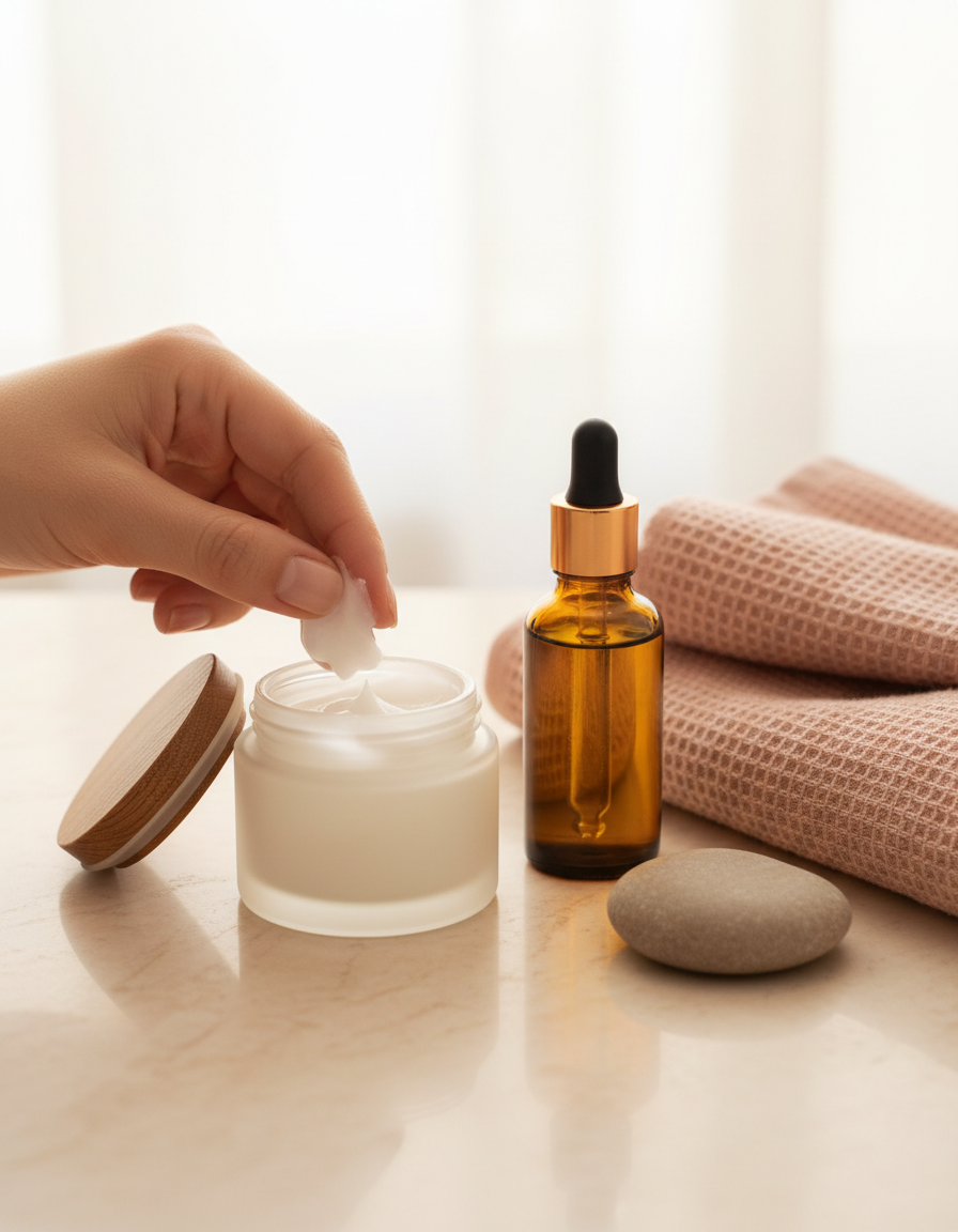 A hand scooping cream from a frosted glass jar beside an amber serum bottle and a blush towel on cream marble