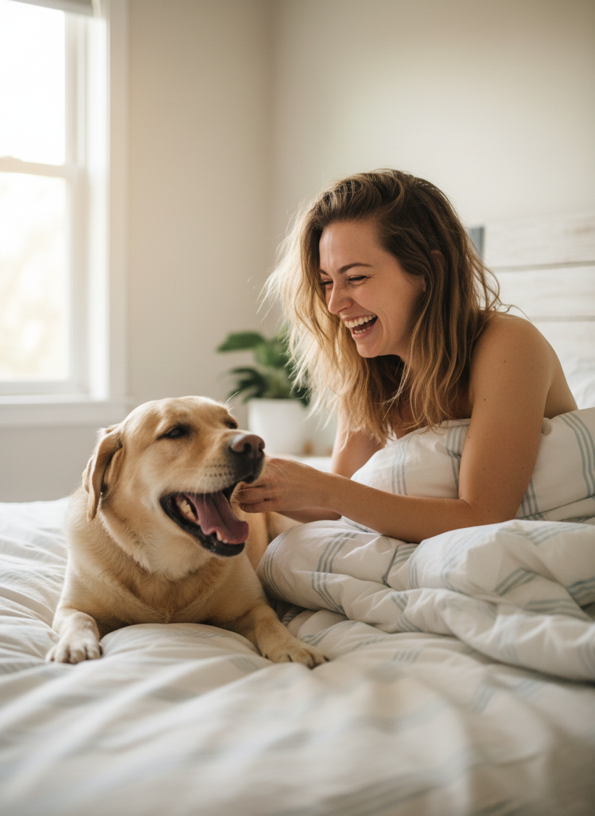 Labrador qui bâille sur le lit à côté de sa maîtresse qui rit au réveil