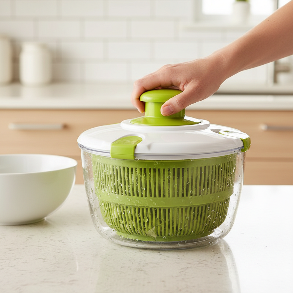 Spinova™ – Large Salad Spinner & Lettuce Dryer in use in a home kitchen