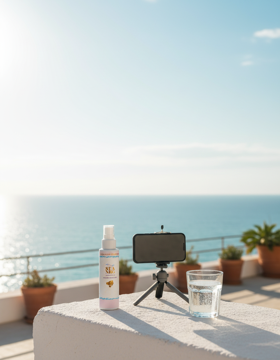 A phone on a small tripod filming the SEA NRG spray on a sunlit seaside terrace