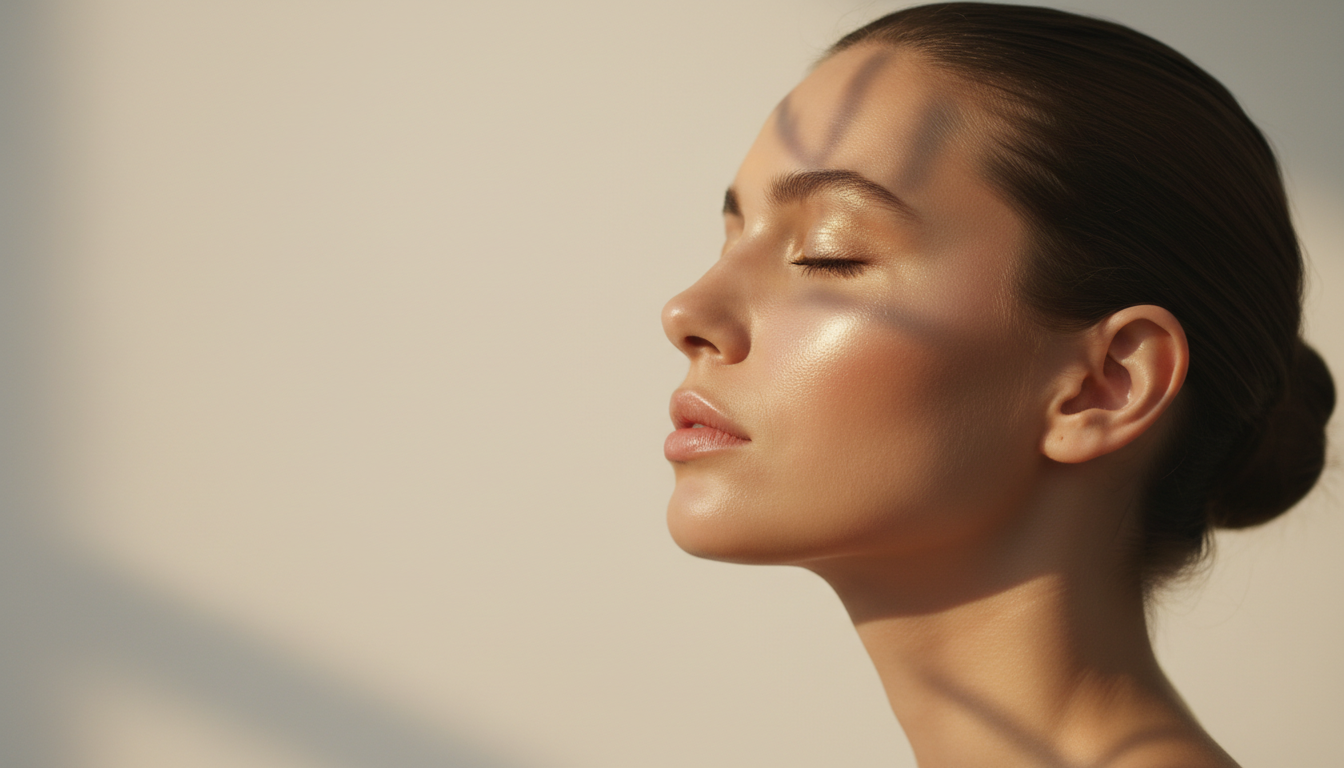 Profile of a woman with glowing skin in warm golden light
