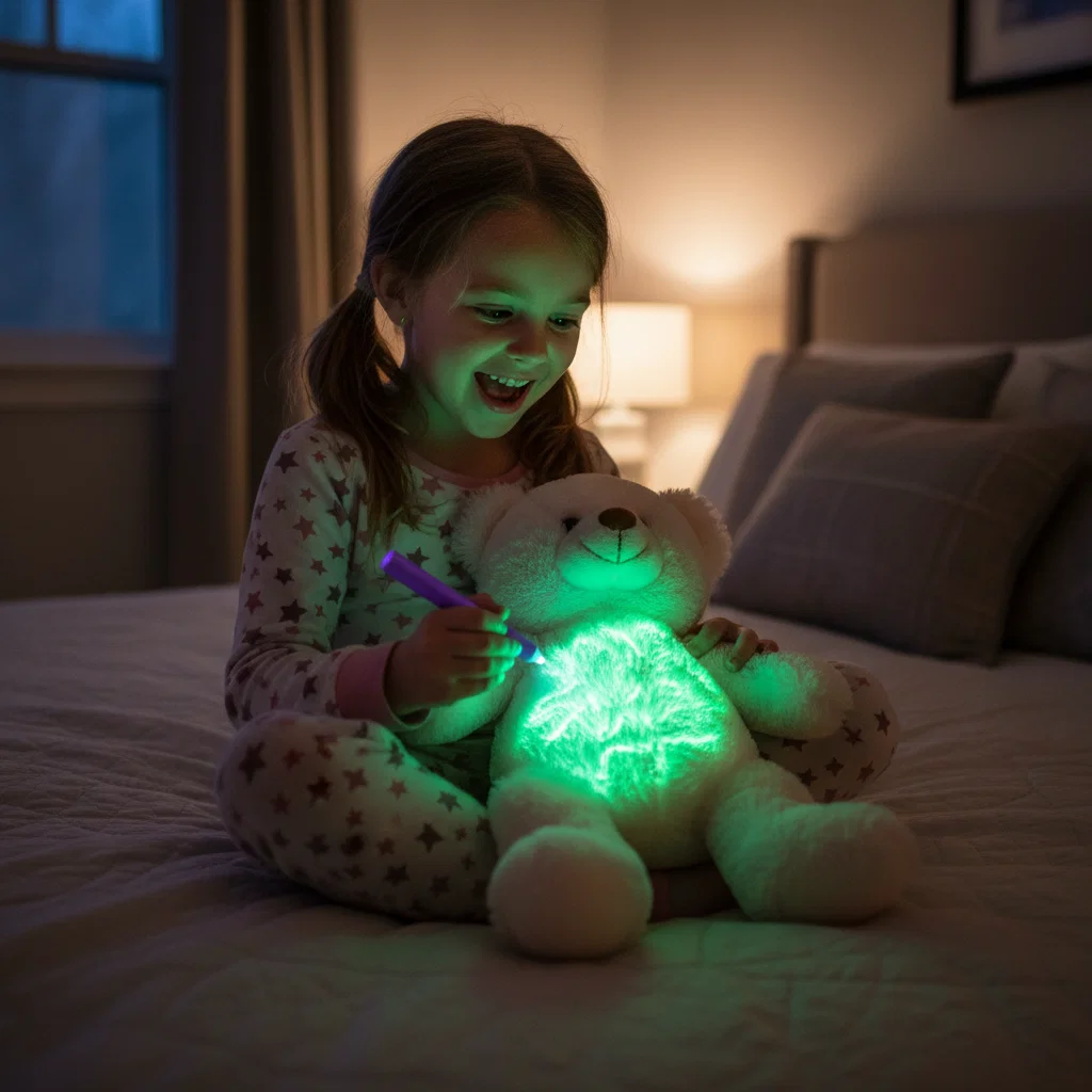 A girl drawing glowing lines on the bear with the light pen
