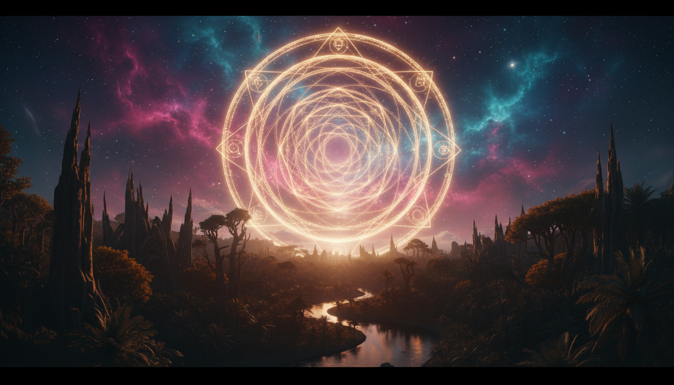 Portal of golden sacred geometry rings opening in a cosmic sky above the jungle