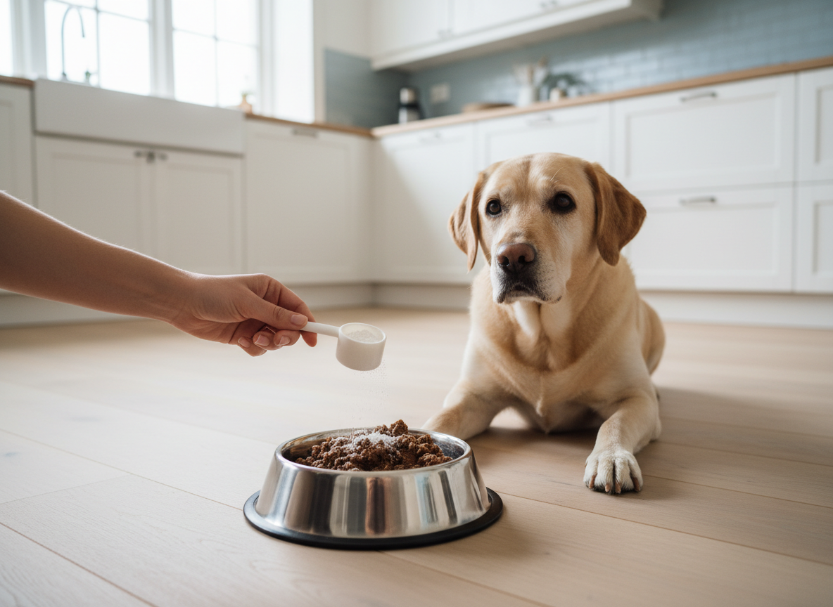 Hand streut eine Portion Pulver mit dem Messlöffel über das Futter, ein Labrador wartet daneben