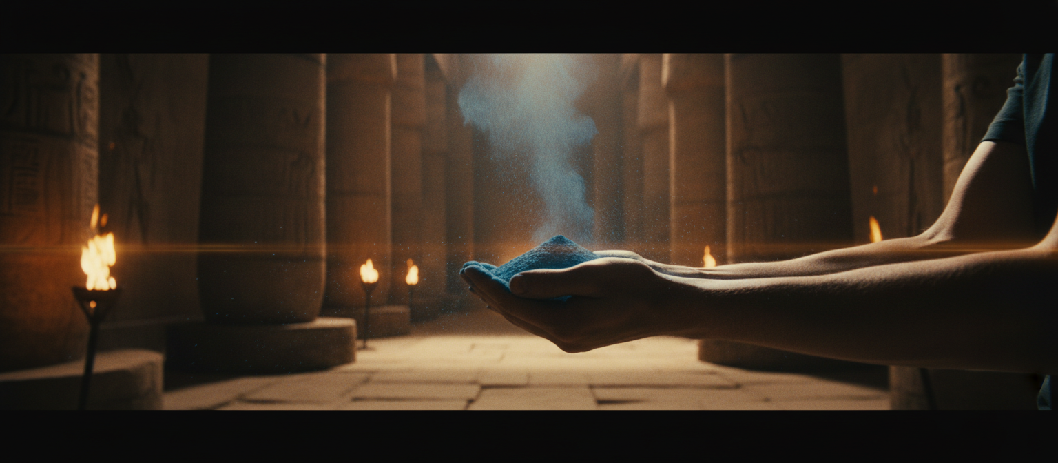 Hands holding vivid Egyptian blue pigment in a torch-lit ancient temple