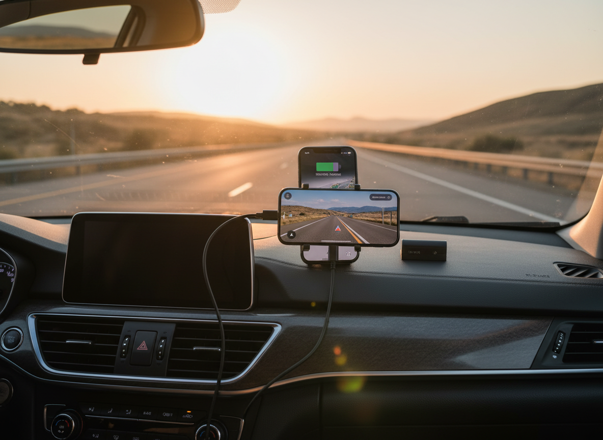 Phone in a dashboard mount charging on a road trip at golden hour
