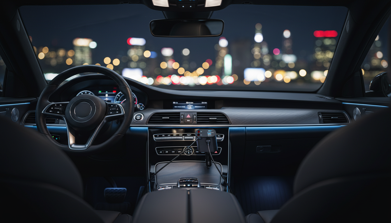 VYBE Charge plugged into a car's center console at night, with a blue glow from its voltage display
