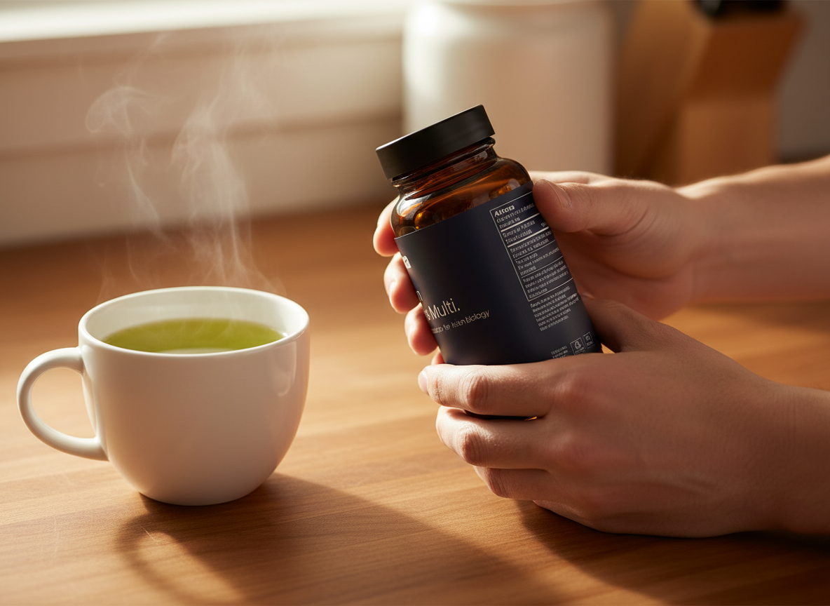 Hands turning an Afora™ bottle to read the label beside a cup of green tea