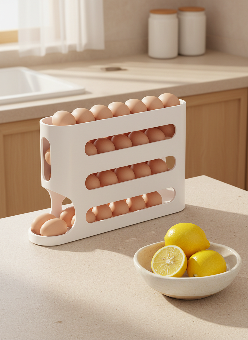 Rolling egg organizer filled with brown eggs beside a bowl of lemons
