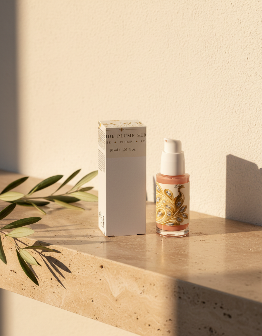 Casa Nöel peptide serum and its box on a travertine ledge in warm afternoon light