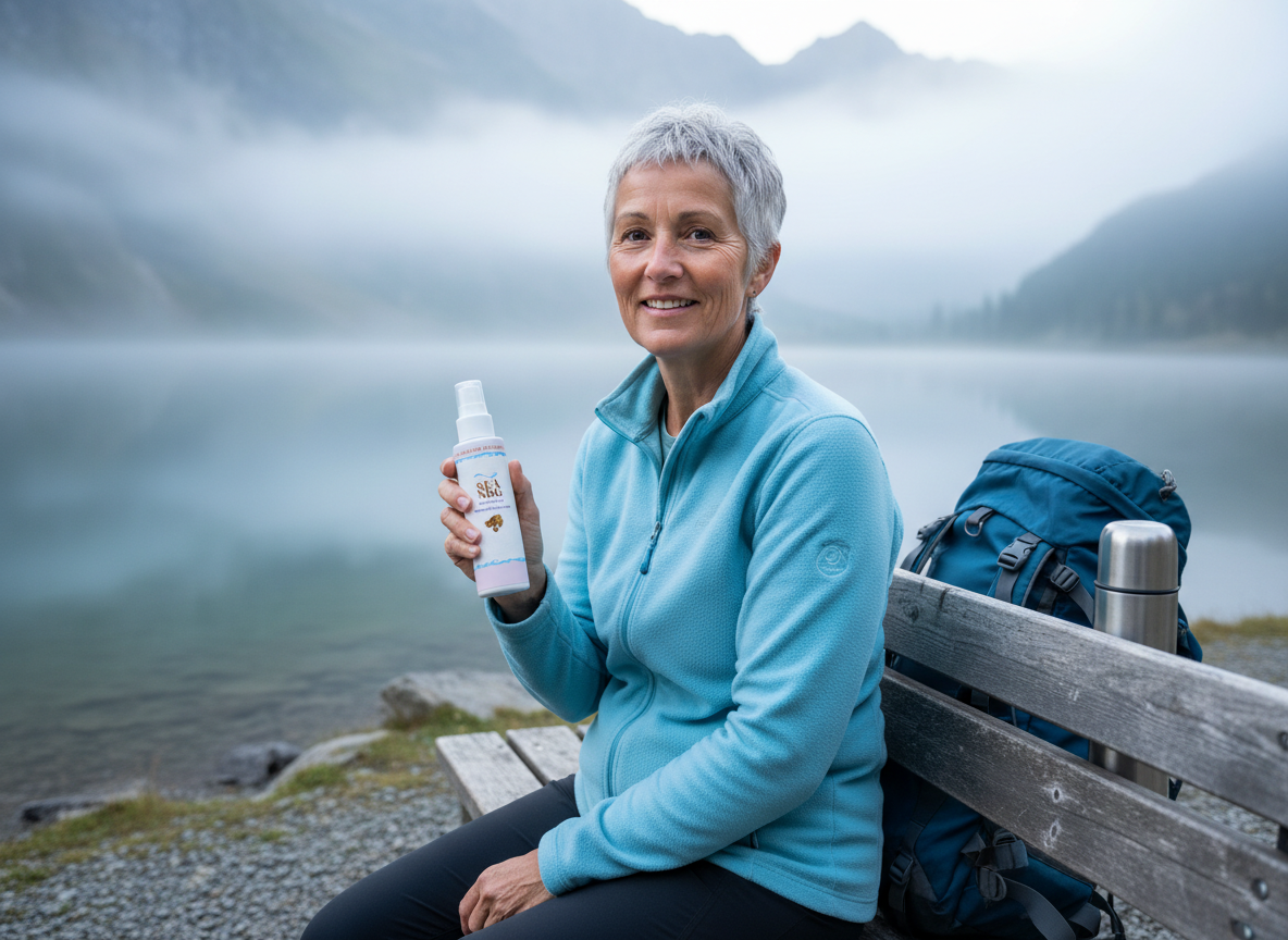 A woman with short silver hair holding SEA NRG on a bench by a misty alpine lake