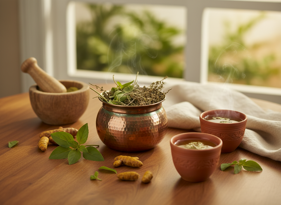 Ayurvedic still life with copper vessel, tulsi leaves, turmeric and herbal tea in morning light