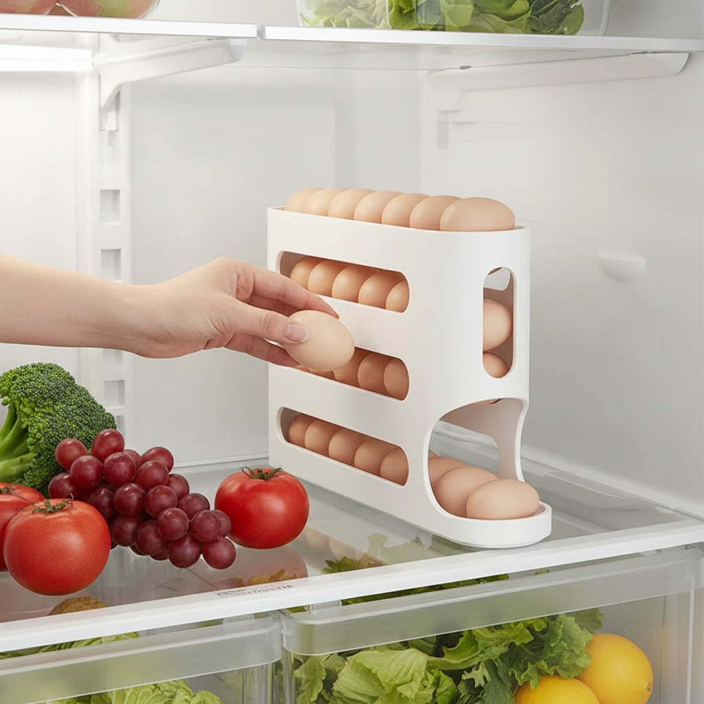 EggRoller™ Automatic Egg Storage Organizer in use in a home kitchen