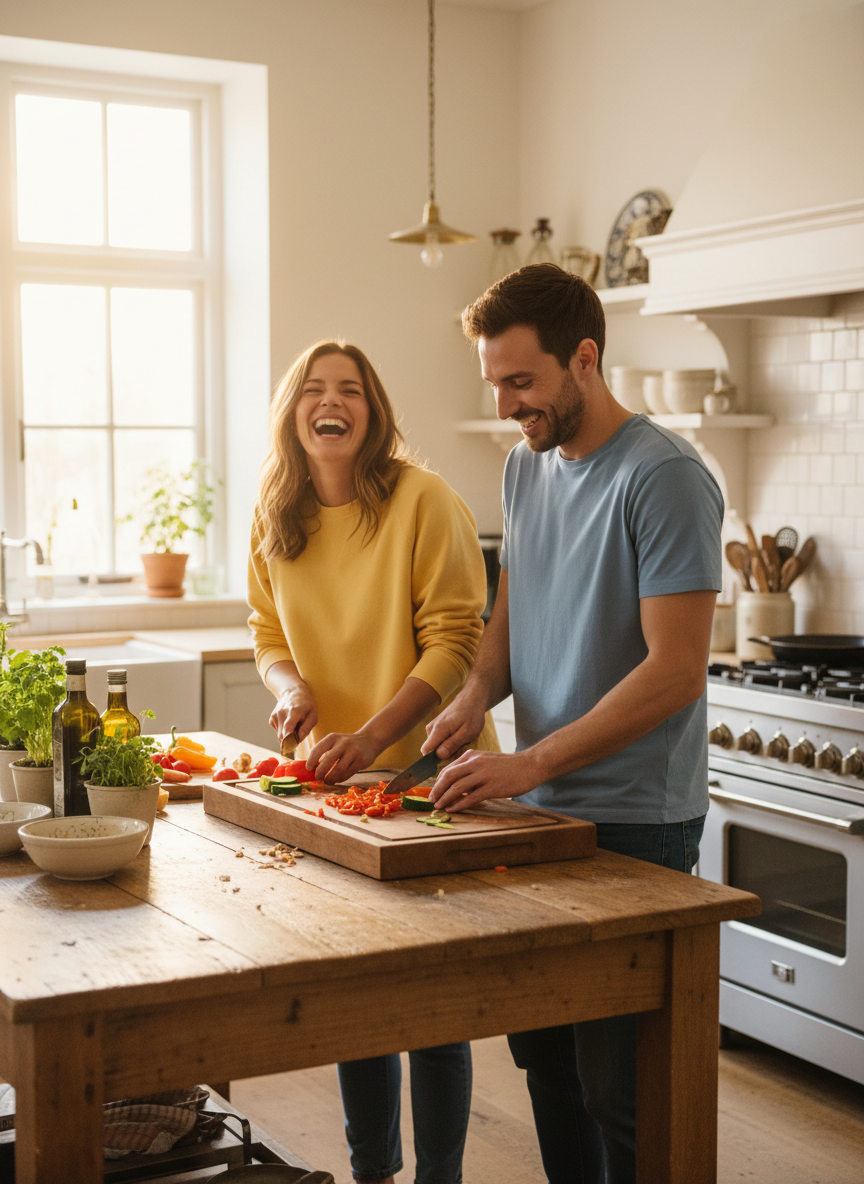Two friends laughing while chopping vegetables in a sunny kitchen