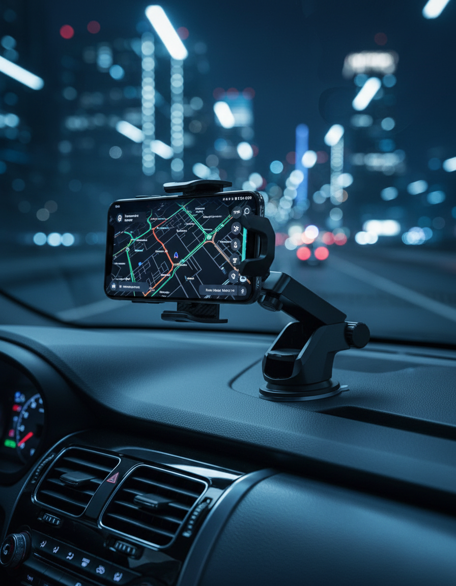 VYBE Mount™ installed in a car at night