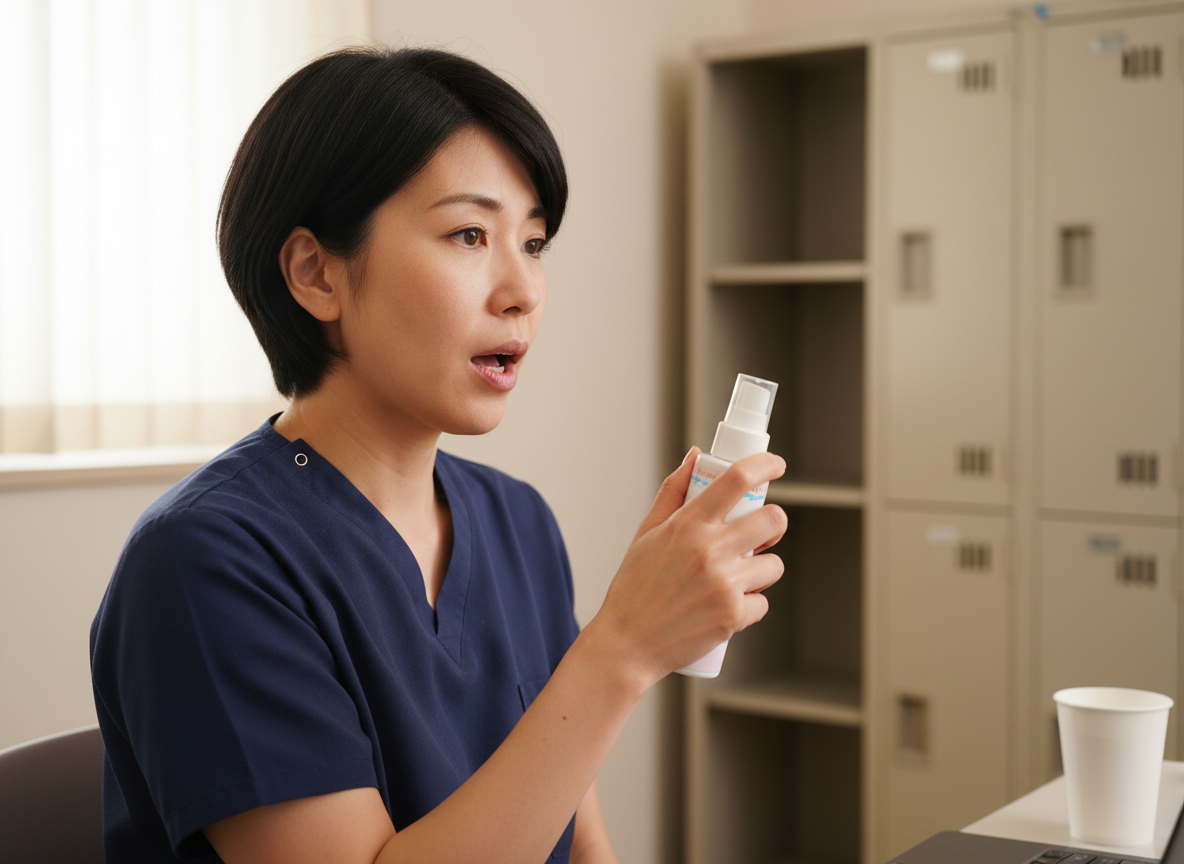 A doctor in navy scrubs in a hospital break room about to use the SEA NRG spray