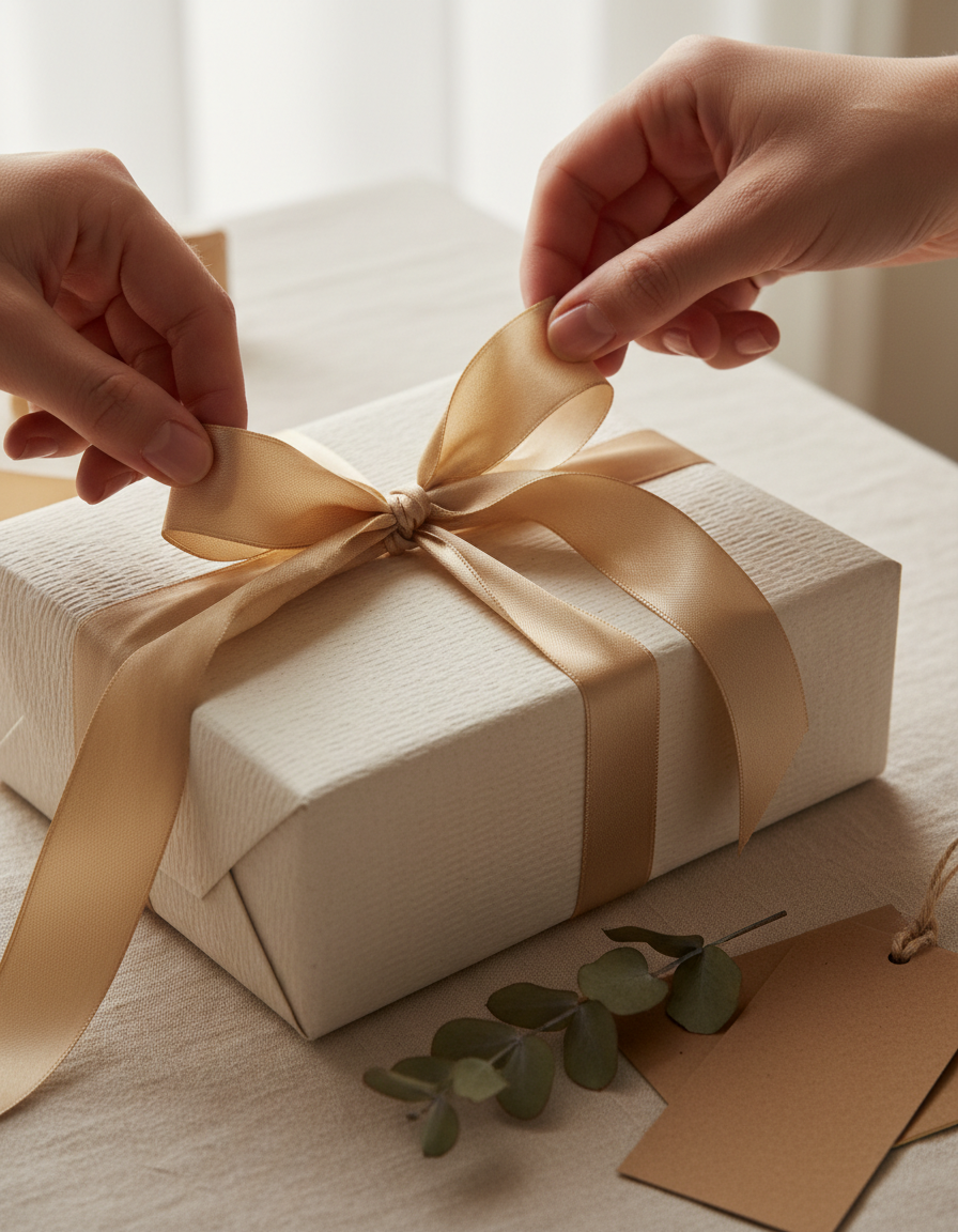 Two hands tying a champagne-gold silk ribbon around a cream wrapped gift box with dried eucalyptus