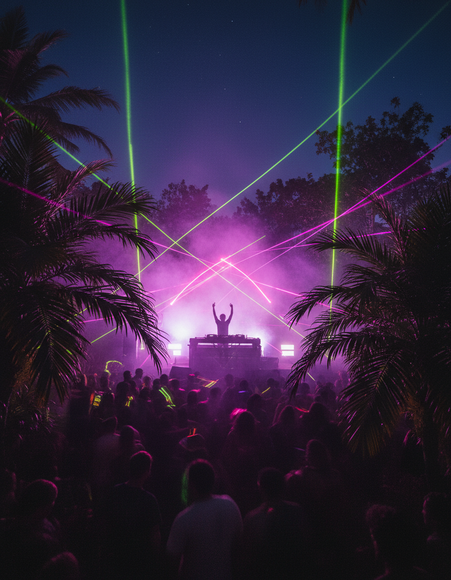 DJ silhouette performing at a night-time jungle festival under magenta and lime lasers