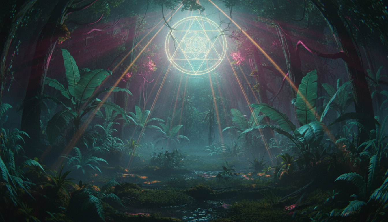 Bioluminescent psychedelic jungle at night with a glowing mandala of light in the canopy