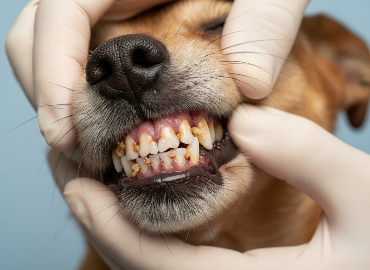 Veterinario che solleva il labbro di un cane mostrando denti gialli e tartaro alla base dei denti