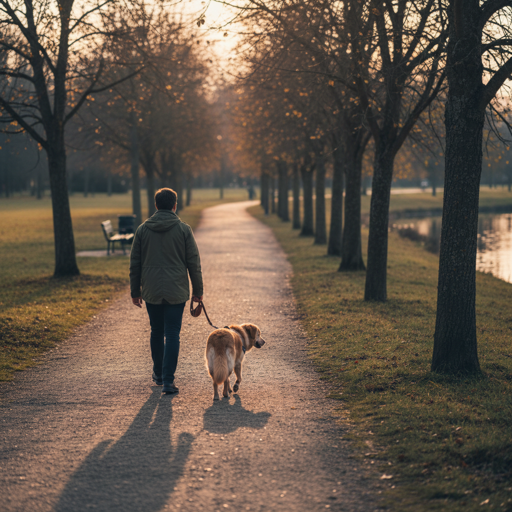 Mensch und Hund auf einem kurzen Abendspaziergang