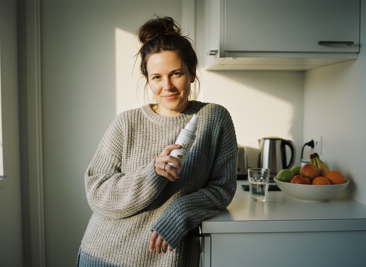 A smiling woman in a grey knit sweater leaning on her kitchen counter in the morning, holding SEA NRG