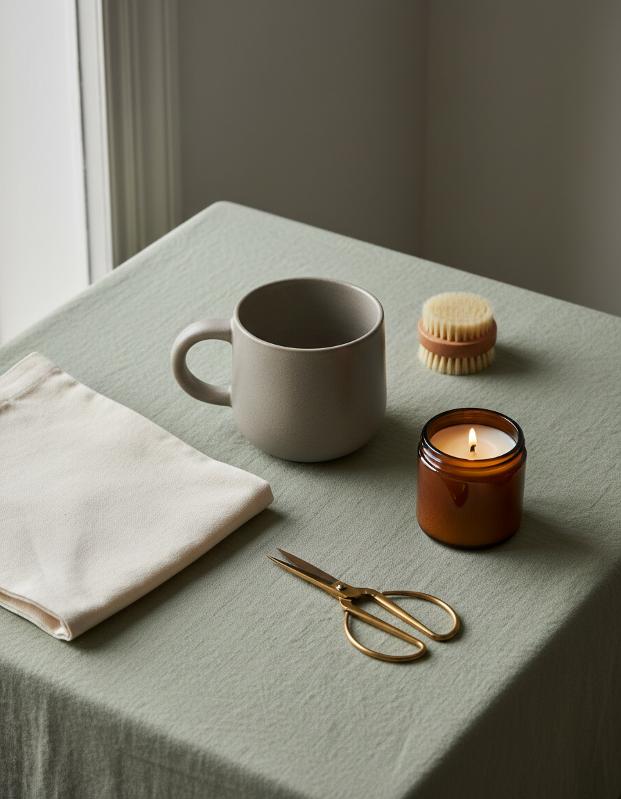 A ceramic mug, amber candle, canvas tote and brass scissors arranged on sage linen
