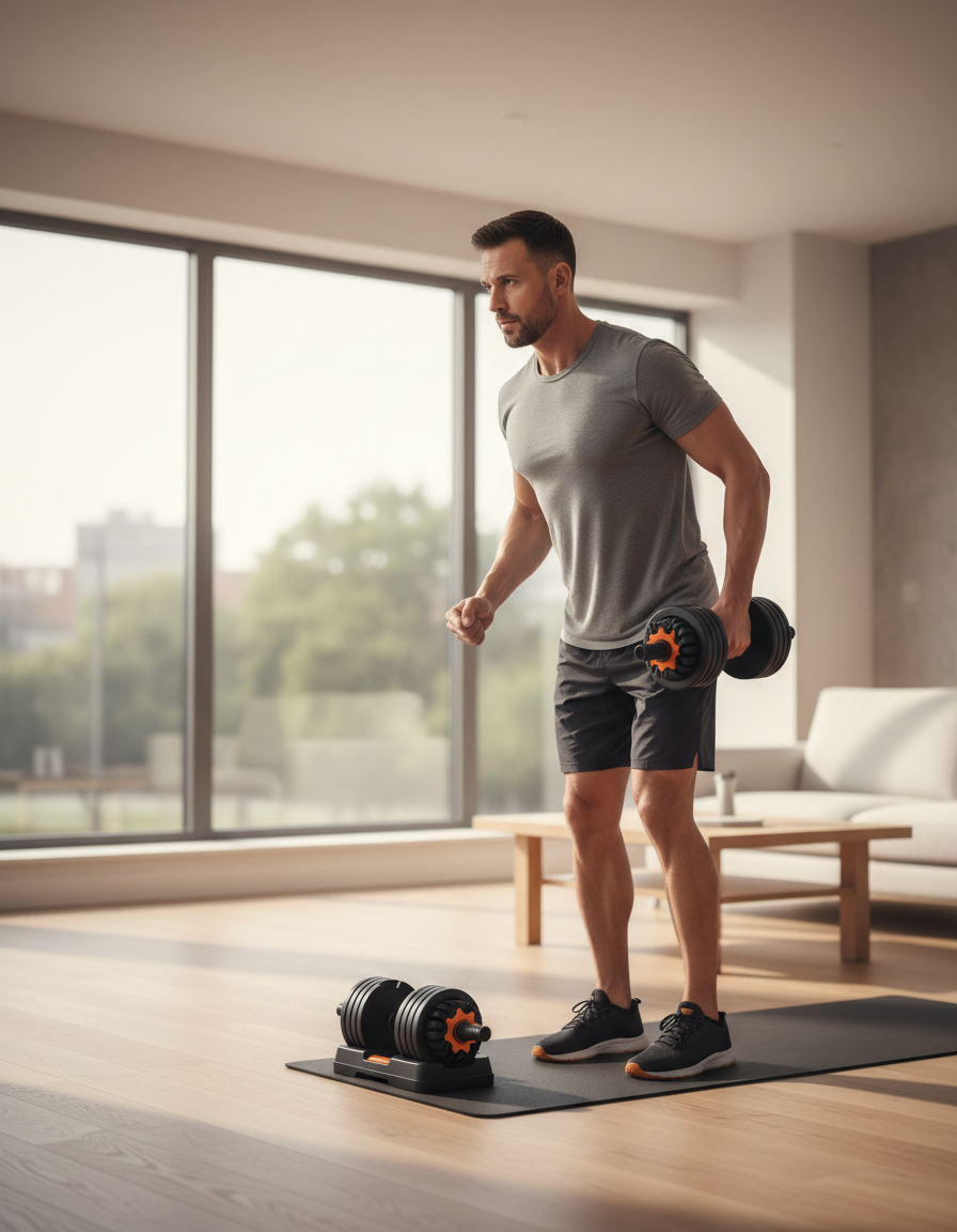 Man doing a single-arm row with a FitLife adjustable dumbbell in his living room