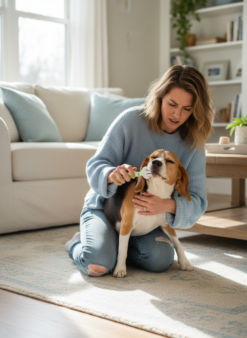 Une femme tente de brosser les dents de son beagle, qui détourne la tête pour échapper à la brosse