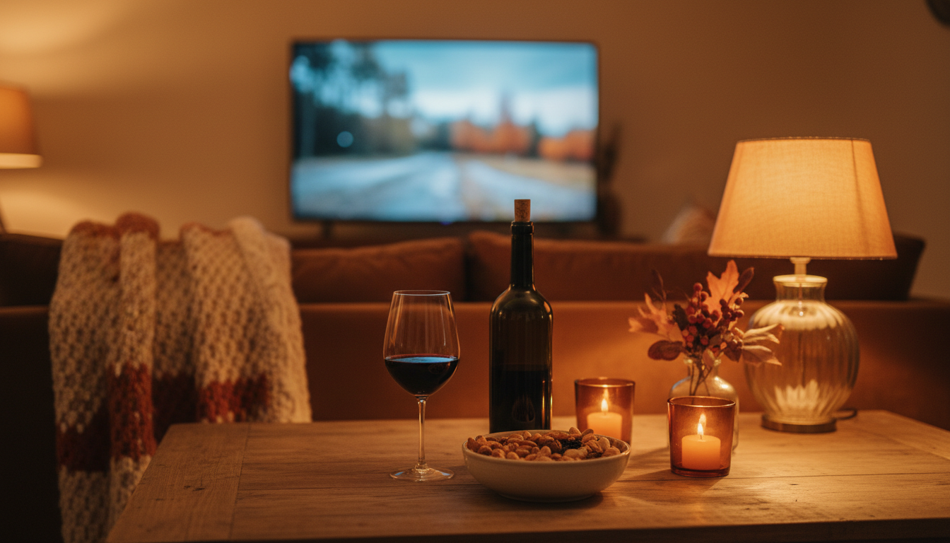 A glass of red wine and an open bottle on a coffee table in a cosy living room on an autumn evening, with the TV glowing in the background