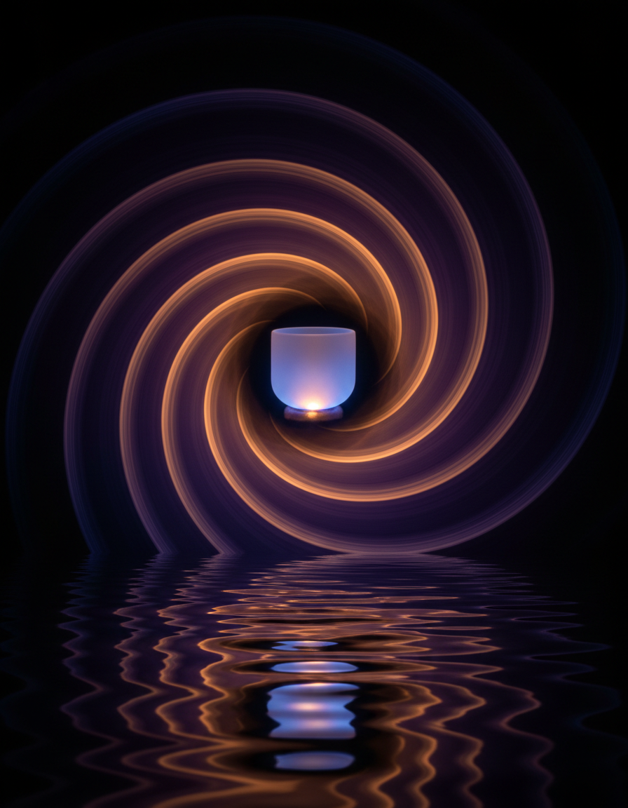 Hypnotic spiral of light and sound-wave ripples around a glowing singing bowl