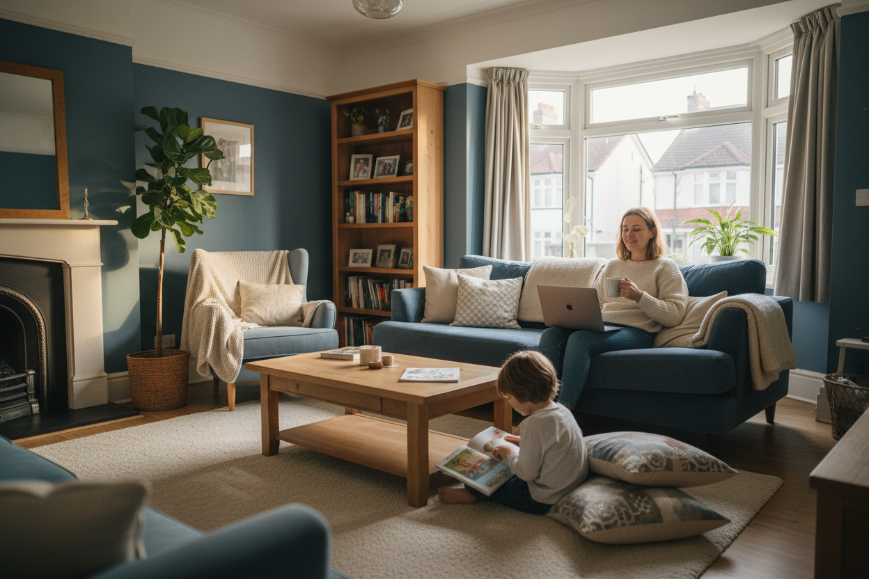 A parent relaxing on the sofa with a laptop and a cup of tea while a child reads nearby in a cosy UK living room