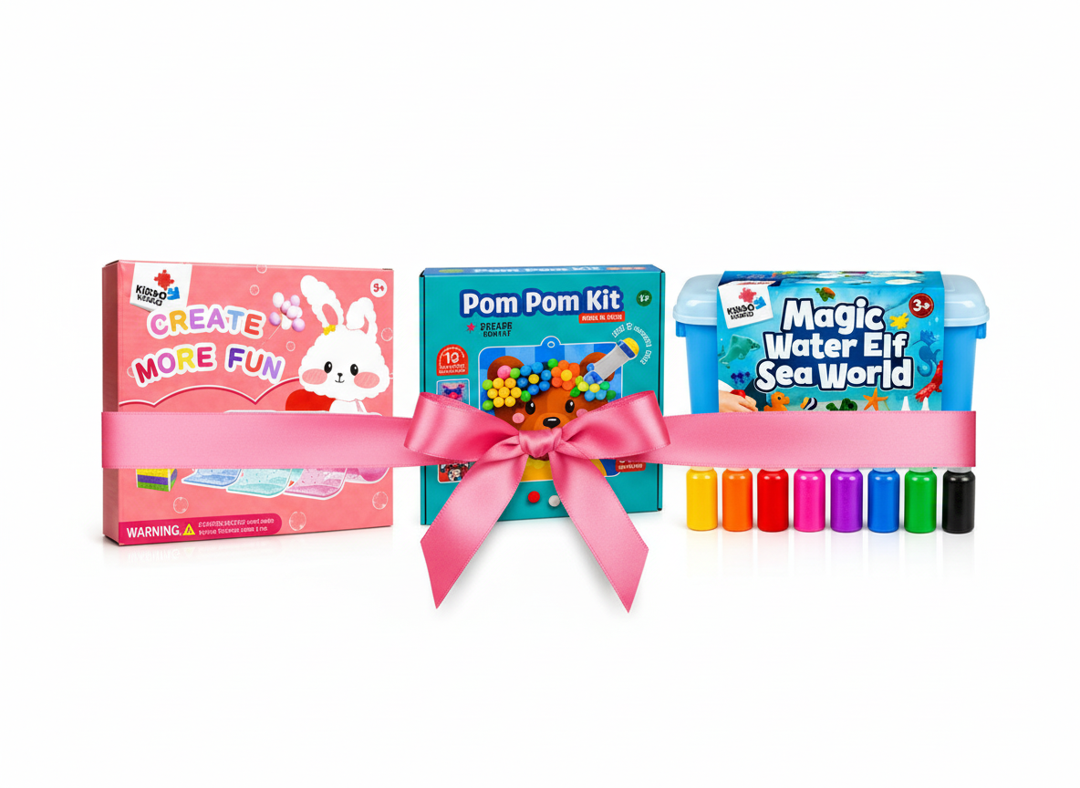 A Magic Water Elf, NANO és POMPOM Kit készletek rózsaszín szalaggal átkötve, egyetlen ajándékként
