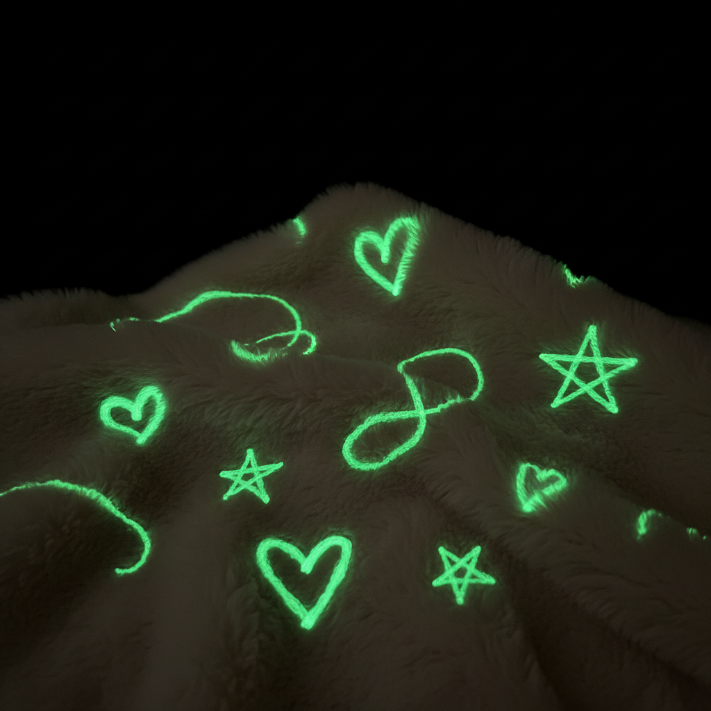 Glowing green doodles on the bear’s plush fur